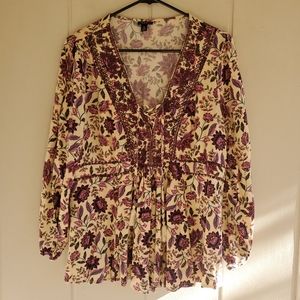 Torrid Peasant Tunic Top Womens Size 0 Beige/Pink Floral  Boho Pullover …
